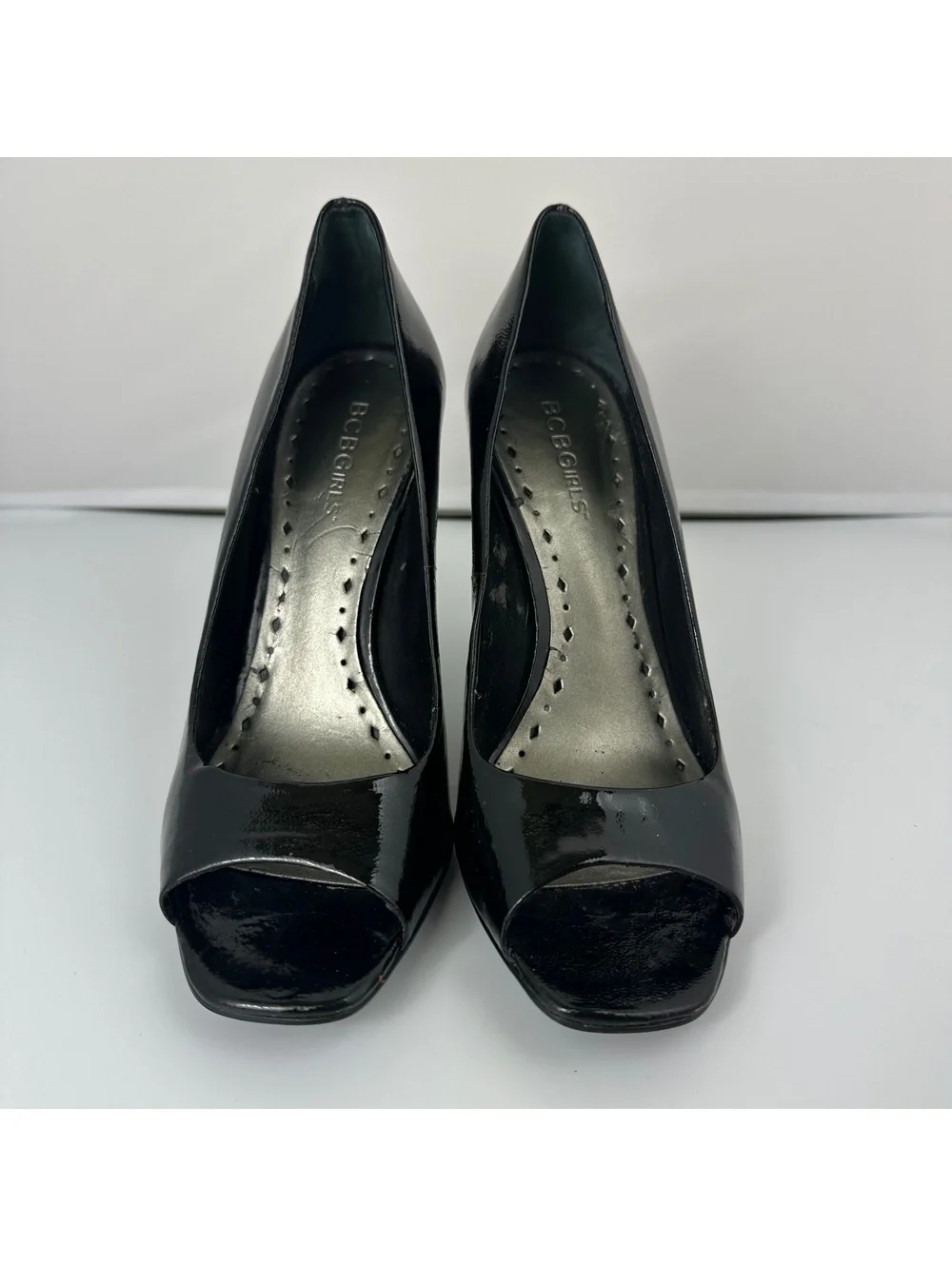 BCBGirls Black Patent Leather Peep Toe Stiletto Pumps – Classic Dress Heels 7